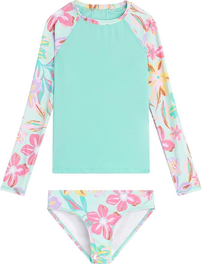Kanu Surf Girls' Long Sleeve Rashguard UPF 50+ Two Piece Swim Set (14-16,Color: Daria Green)