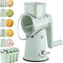 Rotary Cheese Grater with Handle: 5 in 1 Cheese Grater Hand Crank Cheese Shredder with Strong Suction Base Kitchen Vegetable Slicer with 5 Interchangeable Blades, Storage Box, Green
