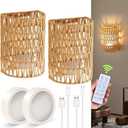Battery Operated Wall Sconce, Rattan Rechargeable Wall Sconce, Boho Wall Sconces Battery Operated with Remote, Wireless Sconces Set of 2 for Bedrooms, Hallway, Living Room