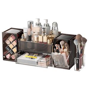 Seoneiro Makeup Organizer with Drawers, Cosmetic Storage for Dresser Countertop and Bathroom Vanity, Beauty Holder for Lipstick Brush Skincare Display case (Dark Brown + Transparent)
