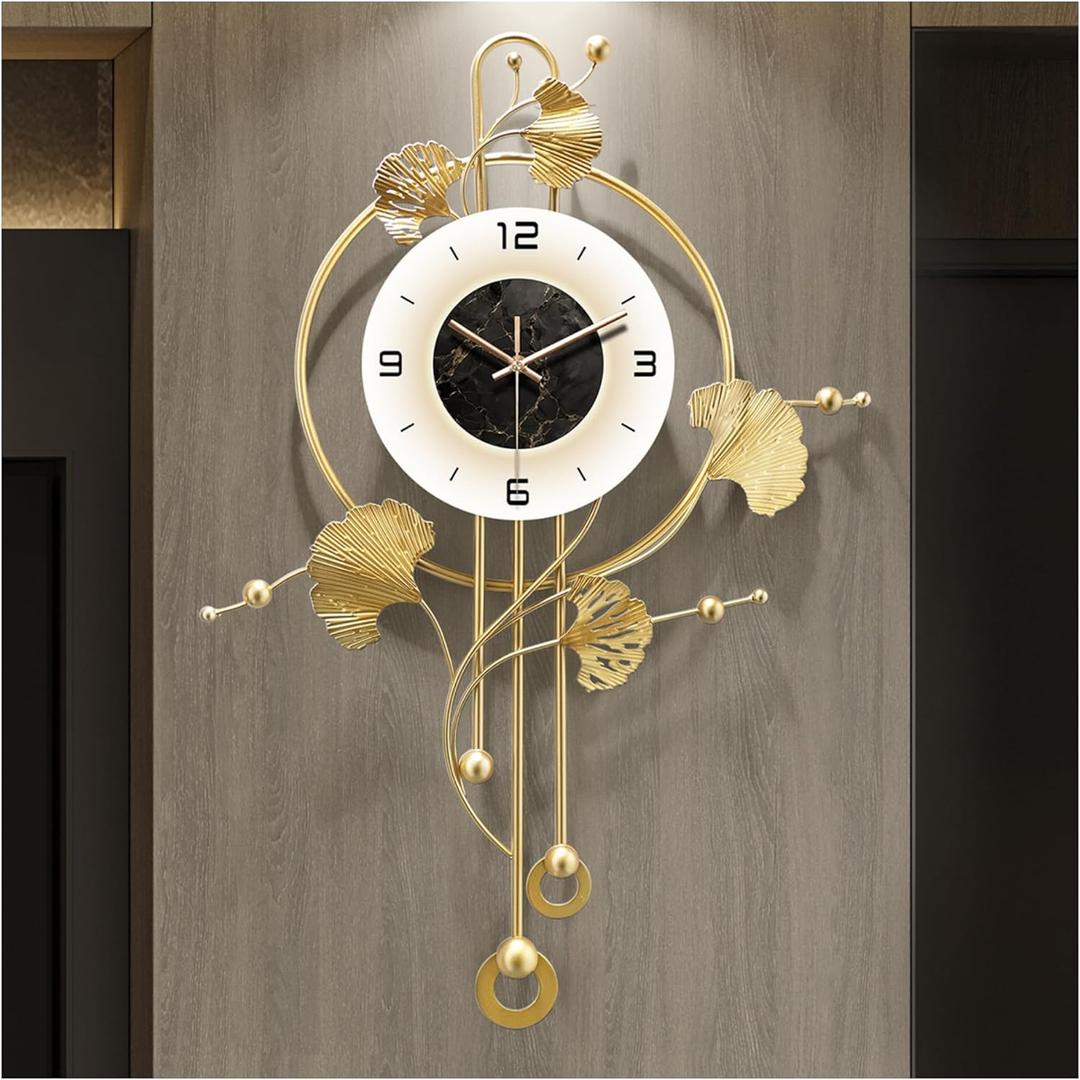 Wall Clock, Large Gold Wall Clock for Living Room DecorUnique Office Clocks Battery OperatedOversized Modern Wall Art for Bedroom,Farmhouse,Office Wall Decor 17.7 X 28.3 Inches (Gold Ginkgo Leaf)