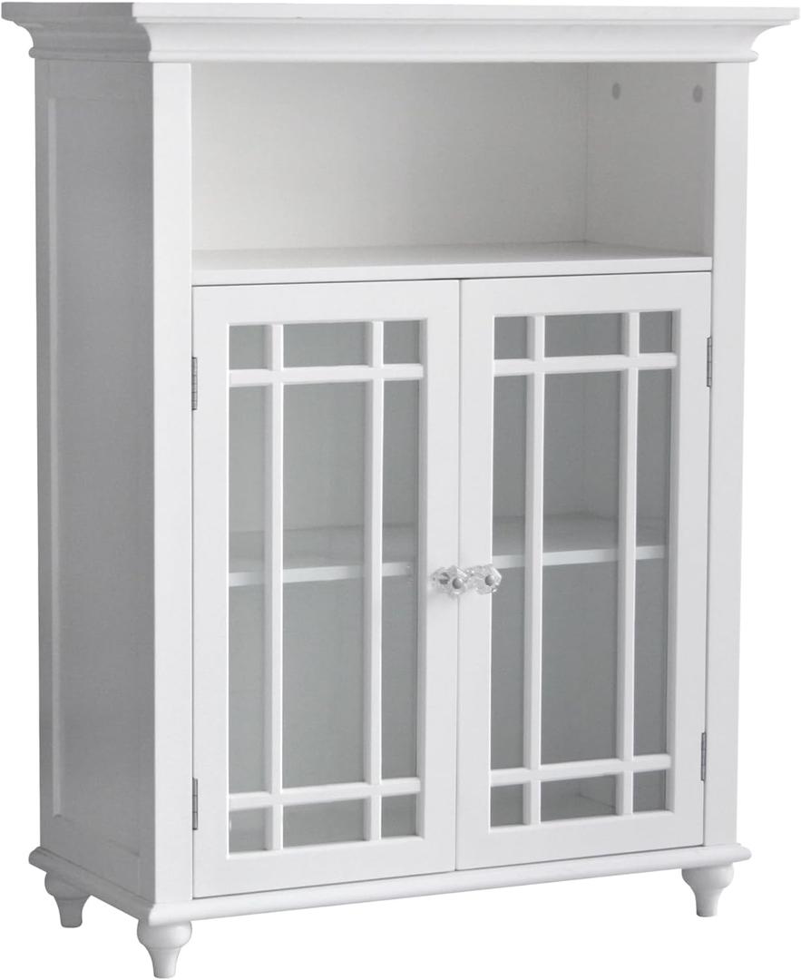 Teamson Home Neal Wooden Freestanding Floor Cabinet with 1 Adjustable Shelf 3 Storage Spaces 2 Glass Doors and 2 Clear Knobs, White