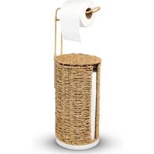 Freestanding Wicker Toilet Paper Holder with Lid, 3 Rolls of Toilet Tissue Storage, Rattan Handmade Woven Toilet Paper Roll Holder Stand, Decorative Boho Bathroom Farmhouse Toilet Paper Holder