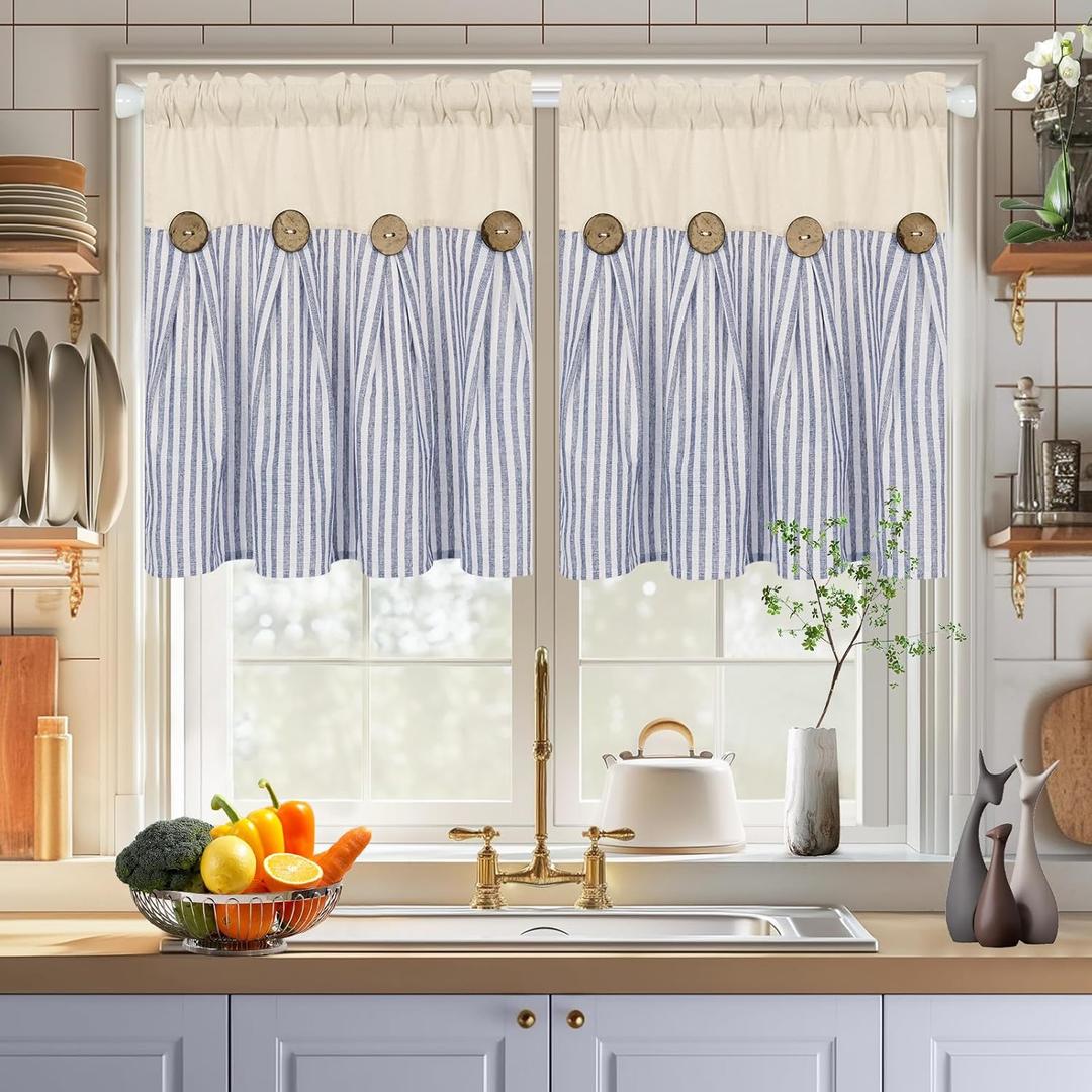 BLEUM CADE Farmhouse Kitchen Curtains 24 Inch, Cotton Linen Cafe Curtains with Rustic Buttons, Boho Small Window Curtains for Bathroom, Blue Stripe Half Window Drapes Over Sink, 2 Panels
