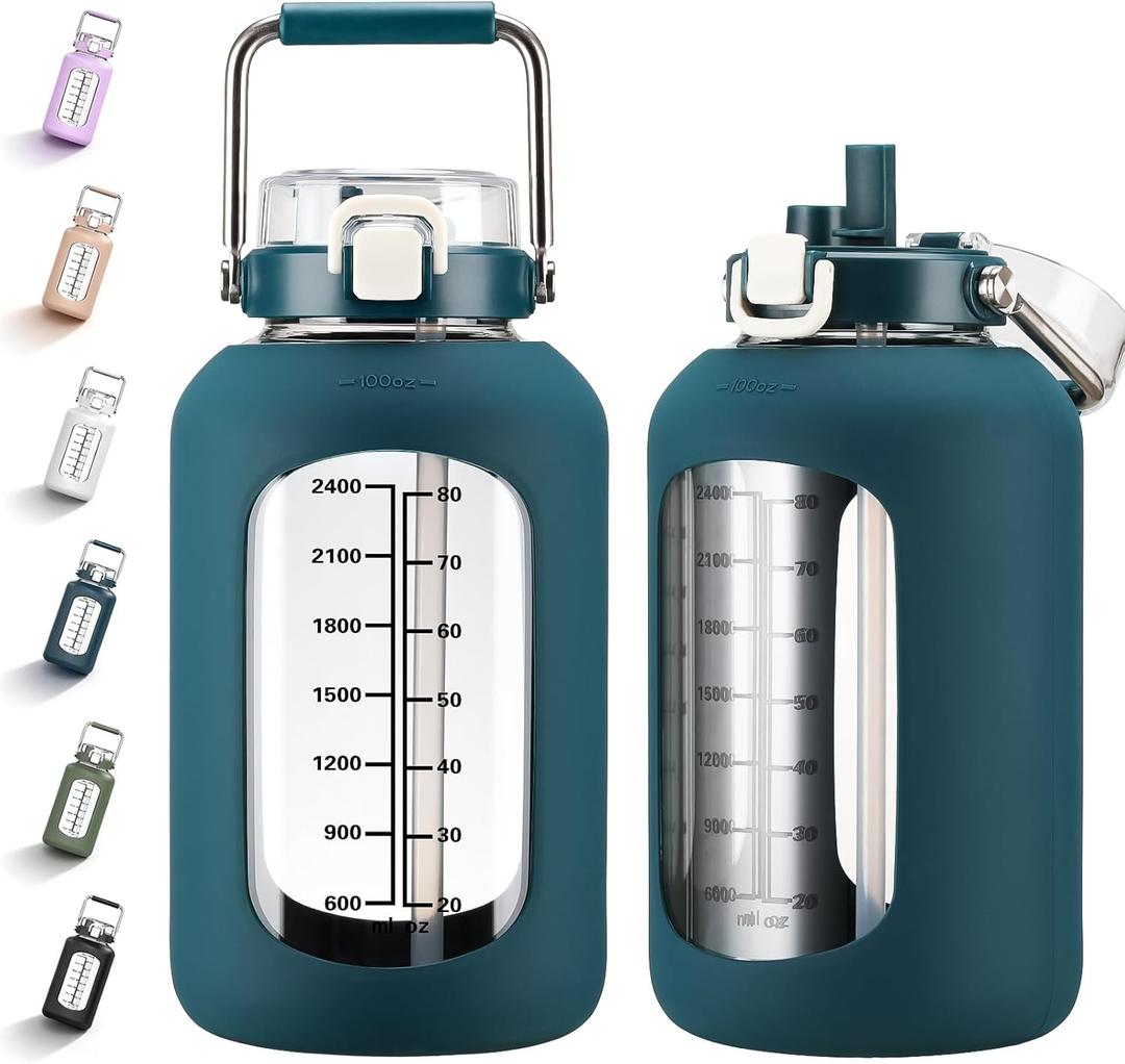 MUKOKO 100oz Glass Water Bottle with Time Marker and Silicone Sleeve 3L Large Water Jug with Stainless Steel Handle Gallon Drinking Bottle with 2-in-1 Lid Wide Mouth BPA Free, Dark Blue