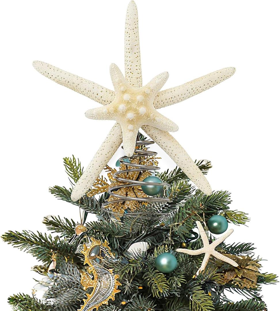 Christmas Starfish Tree Topper 8.7'' Natural Starfish Tree Topper Star Beach Coastal Christmas Holiday Vacation Decorations Sea Style Tree Toppers for Xmas Decoration Home Decor
