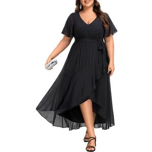 Womens Plus Size Long Dress Chiffon High Low Split Ruffle Evening Bridesmaid Wedding Guest Formal Maxi Dresses, 26W, Black
