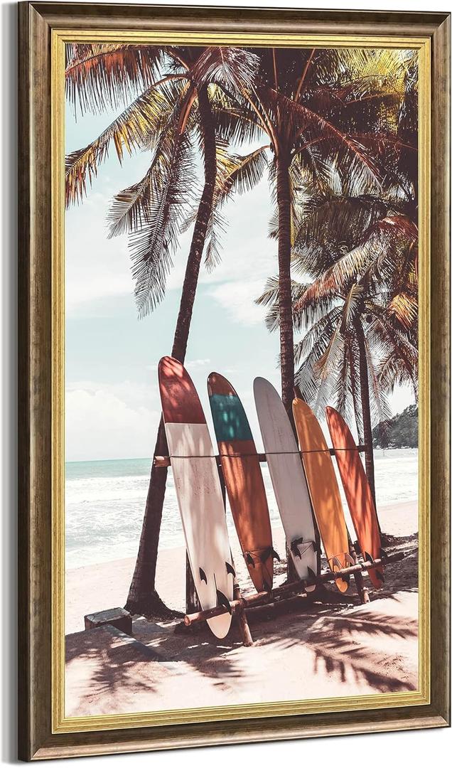 Coastal Canvas Wall Art Picture: Beach Scene Surfboard Framed Print Ocean Sea Surf Artwork Seaside Palm Tree Seascape Painting Decor for Bedroom Living Room 24" x 36"