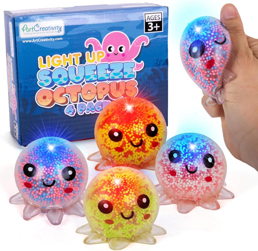 ArtCreativity Jumbo Light Up Squishy Octopus Toys  Set of 4 Fidget Sensory Toys for Kids & Adults  Glow in The Dark Toys for Autism, ADHD, Anxiety, Party Favors & Classroom Rewards