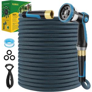 Non-Expandable Garden Hose 100 FT, Lightweight Hose with 10 Function Spray Nozzle, Kink-Free Flexible Water Hose, Durable, Leak-Proof, 360 Swivel Connectors, Portable Storage Strap (Blue)