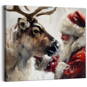 Christmas Wall Decor, Farmhouse Christmas Santa Claus Reindeer Xmas Canvas Wall Art Prints, Rustic Christmas Decor, Christmas Pictures Wall Decor for Home Living Room Bedroom, 14x11 Inches Framed