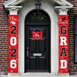 Moukeren 3 Pieces 2026 Graduation Party Decorations Graduation Porch Sign Class of 2026 Grad Hanging Porch Banner Backdrop Door Sign for Grad Party Home Door Wall Decor(Red and Black)
