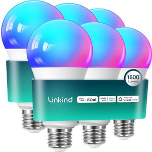 Linkind Smart Light Bulbs, 1600LM (100W Equivalent) Smart Bulb, Compatible with Alexa, RGBTW Color Changing Bulb Music Sync, 2.4GHz Wi-Fi & Bluetooth, LED Alexa Light Bulbs 14W, A21 E26, 6Pack
