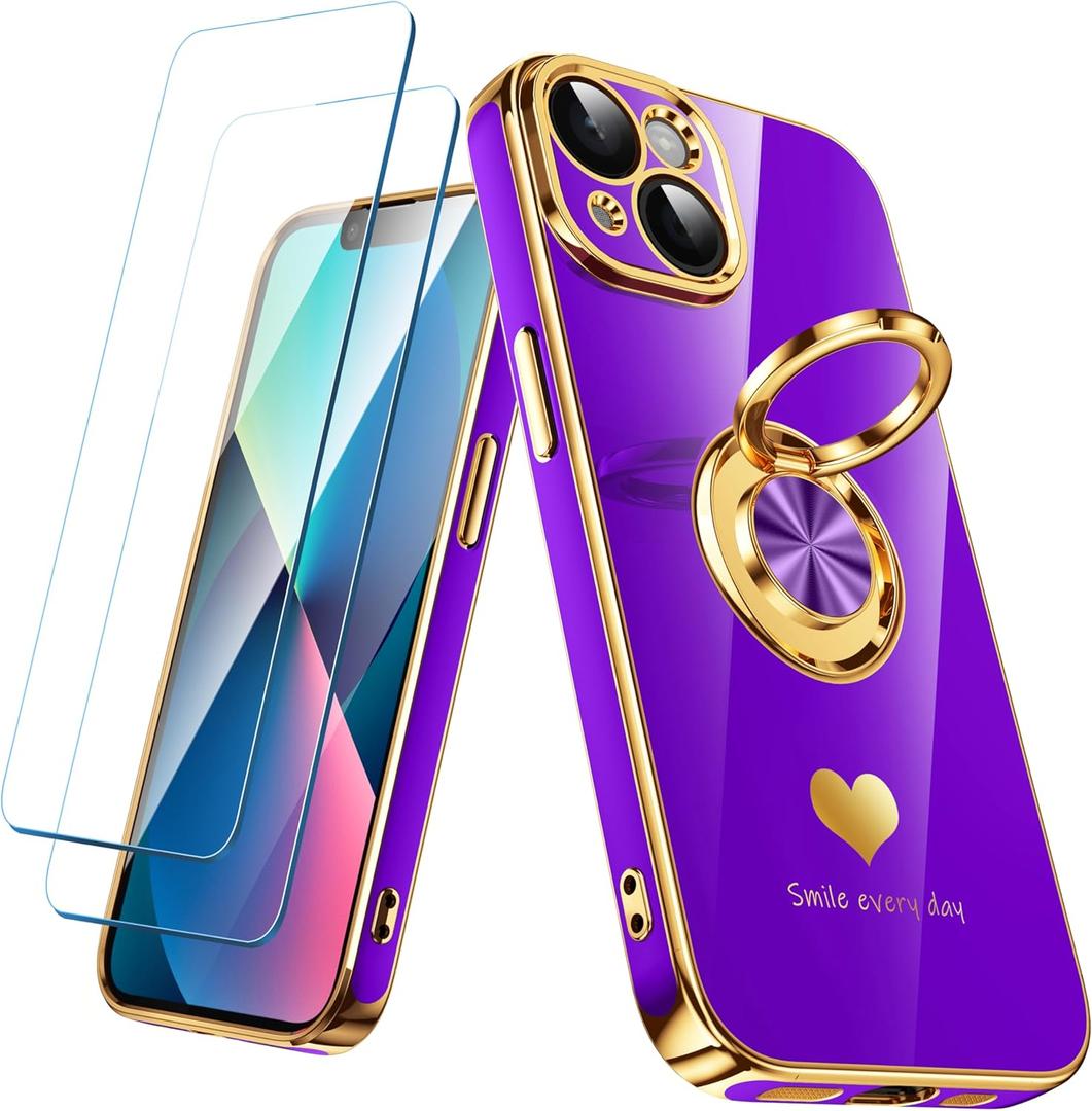 Compatible for iPhone 13 Case with 2 Pack Screen Protector, 360 Rotatable Ring Holder [Luxury Hearts Pattern] Plating Gold Edge Slim Soft Phone Cover Case for iPhone 13 - Neon Purple