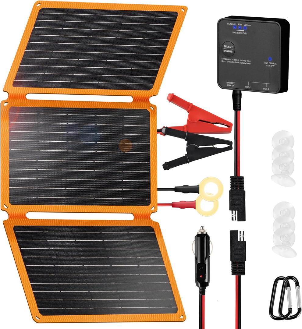 FieryRed 30W 12V Solar Panel Car Battery Charger & Maintainer, Portable Waterproof Trickle Charger with Built-in Controller, Cig Plug, Alligator Clips, USB-C, USB-A Outputs for Car, Boat, RV, Tractor