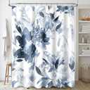 MAYZUS Extra Long Shower Curtain 72 x 96 Inch, Floor to Ceiling X-Long Tall Watercolor Floral Fabric Shower Curtain, Modern Abstract Navy Blue Flower Bathroom Shower Curtain Set with Hooks