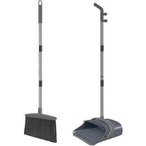 Stand-Up Broom Dustpan Combo - Long Handle with 3 Rows Dense Bristles for Multi-Scene Home/Office/Kitchen/Lobby/Shop, Indoor & Outdoor Cleaning (Black & Gray)
