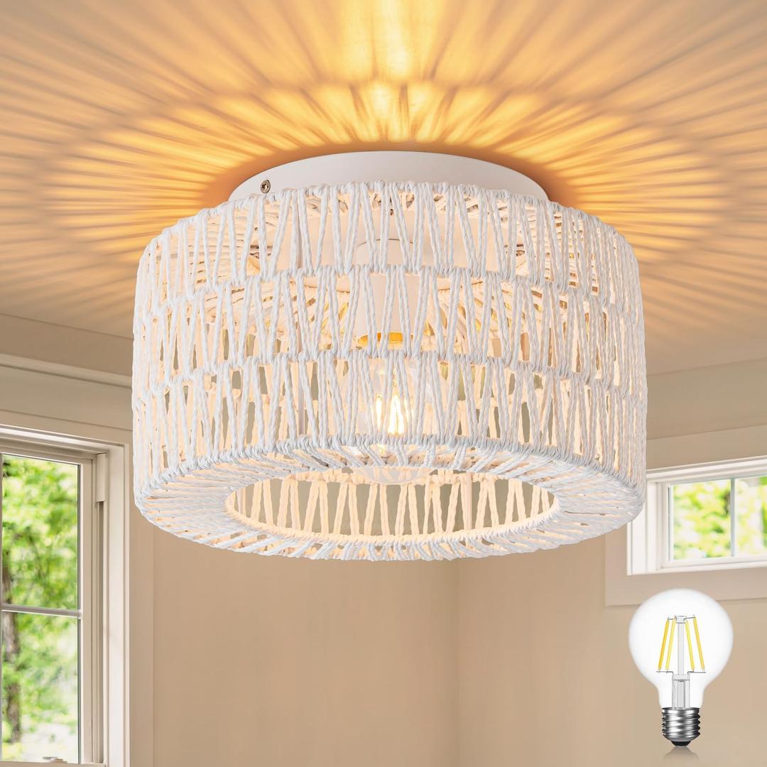 SineRise Rattan Ceiling Light Fixtures (12-Inch, LED Bulb Included), Hand-Woven Boho Flush Mount Ceiling Light, Rattan Chandelier for Hallway Kitchen Farmhouse Foyer Entryway Living Room(White) (Small)
