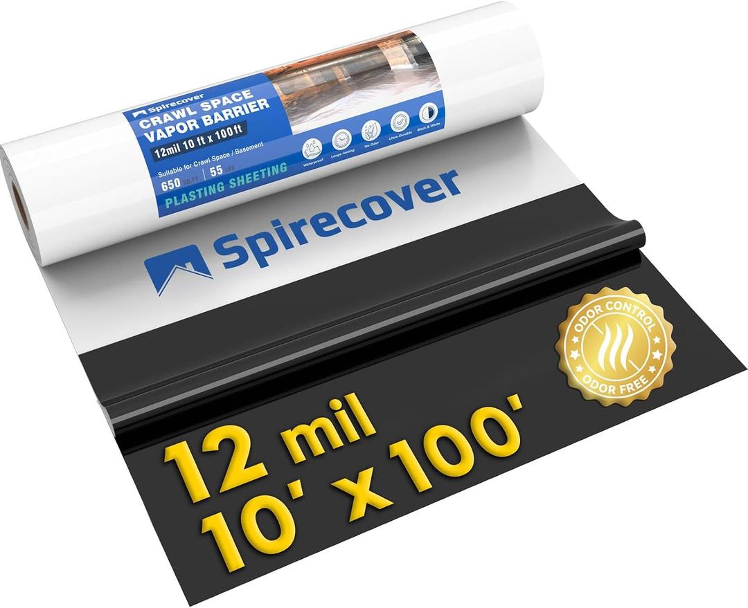 Crawl Space Vapor Barrier, 12 Mil Vapor Barrier, 10'x100', Plastic Drop Cloth Covering for Crawlspace Encapsulation, Thick Plastic Sheeting, Black and White Panda Film