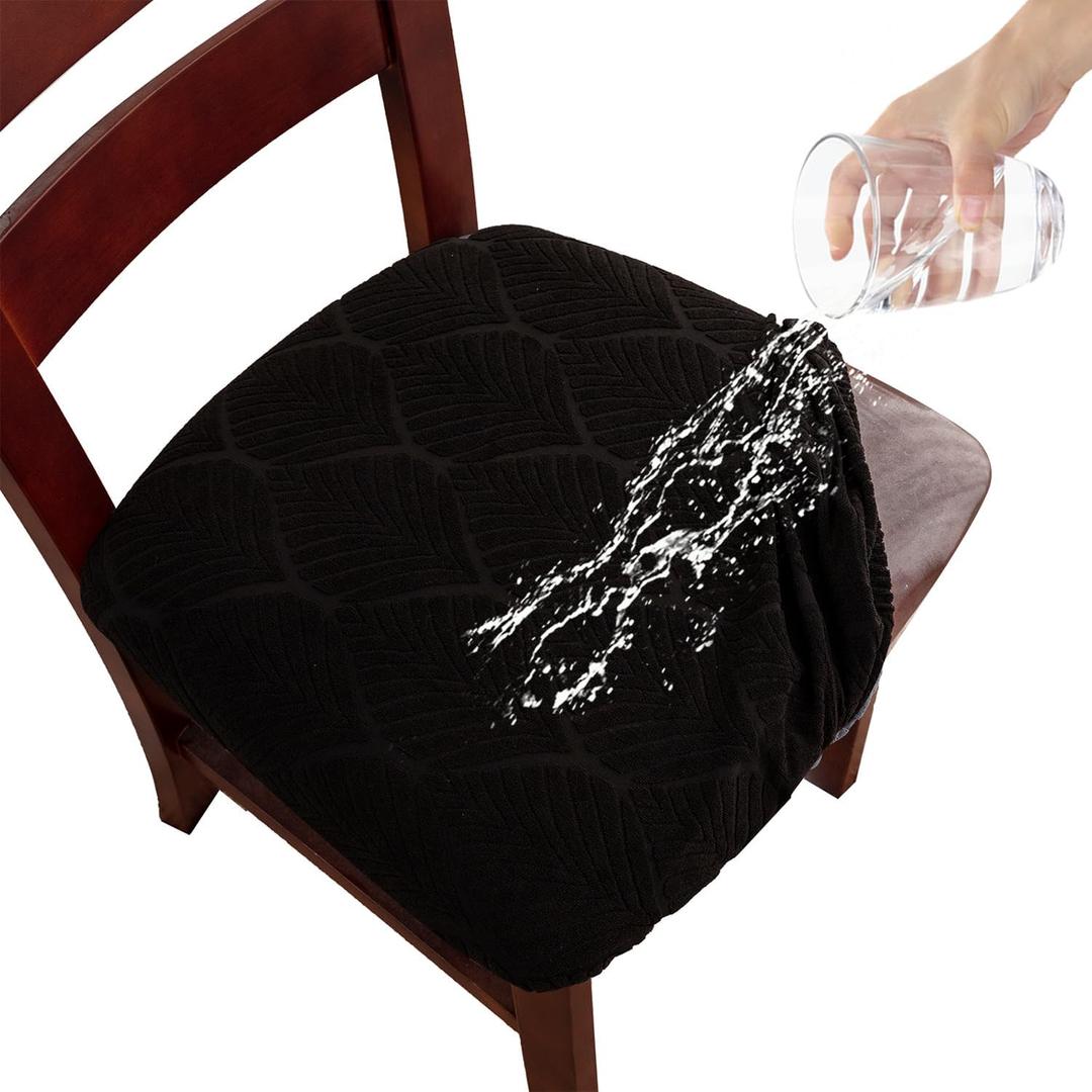 Gute Chair Cover Seats,Suede Chair Cover Seat with Elastic Ties and Button,Removable Washable Dining Upholstered Chair Protector Seat Cushion Slipcovers for Dining Room,Office(Black Leaf,Pack-4)