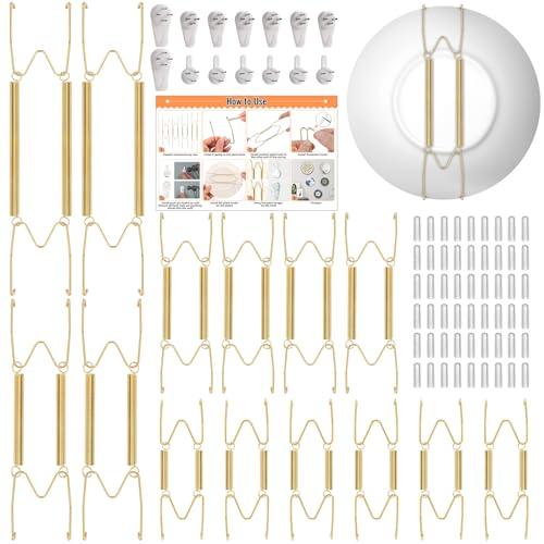 MAPVOLUT 14 Pcs Invisible Plate Hangers for The Wall - 4/6/8/10 Inch Stainless Steel Decorative Plate Holers for Display, Artwork & Home Decor (Includes 14 Wall Hooks & 56 Tip Protectors & Guide)