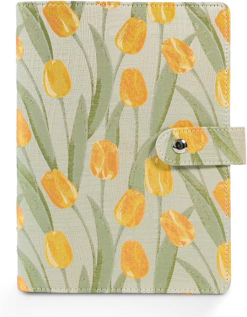 Aesthetic A5 6 Ring Binder Refillable Notebook Budget Binder Magnet Closure Fabric Tulip Flora Binder 5.5 x 8.5 Loose Leaf Planner with 7 Tabbed Dividers for Women School Office