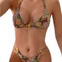 Women's 2 Piece Leopard Floral Bikini Sets Ring Triangle Halter Bathing Suit Tie Back Swimsuit S