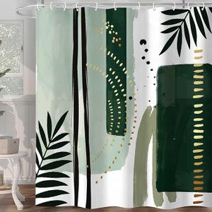 Green Mid Century Shower Curtain for Bathroom, Modern Boho Geometric Abstract Decor Bath Curtains, Emerald Green Minimalist Striped Fabric Waterproof Shower Curtain Set 72X72IN with 12 Hooks