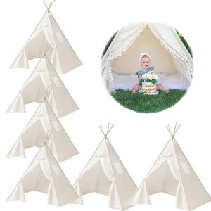 6 PCS Teepee Tent for Kids,Washable Tapered Kids Teepee Tent,Bohemian Teepee Tents,White Collapsible Sleepover Tents,for Boys and Girls Sleepover Pajamas Party Birthday SPA