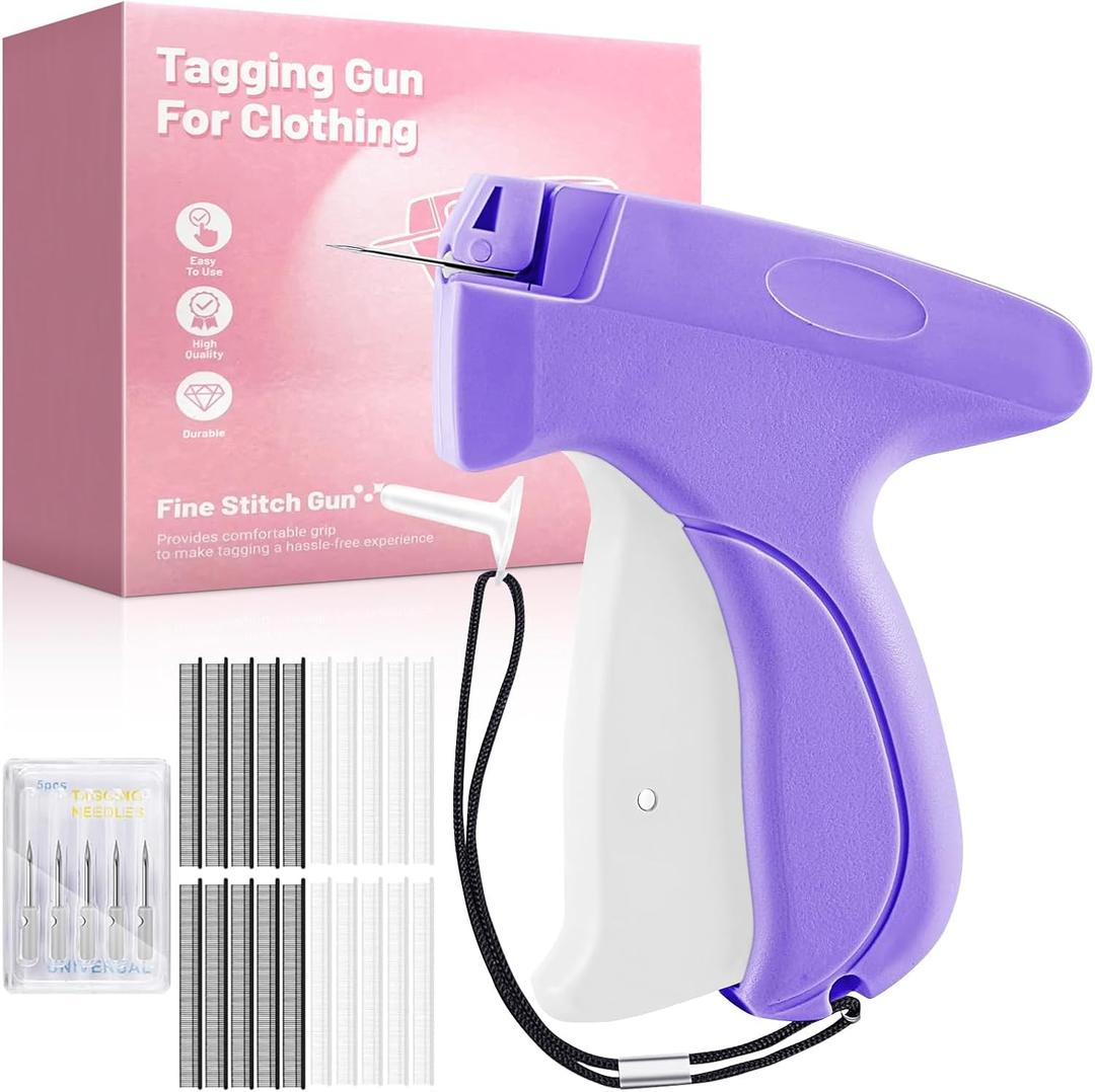 Tagging Gun for Clothing - Retail Hang Tag Gun for Clothes, Includes 6 Needles, 1000 White Fasteners & 1000 Black Fasteners (Purple)
