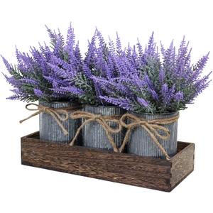 Set of 3 Small Potted Plants Arrangement Artificial Lavender Flower Plants in Rustic Galvanized Metal Pots with Decorative Wood Tray for Farmhouse Table Centerpiece Windowsill Country Indoor Decor