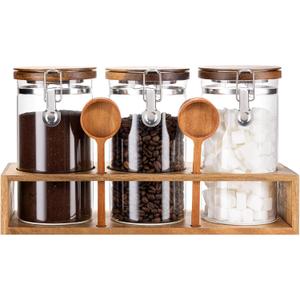 Yangbaga Glass Sugar Coffee Canister with Shelf, 3 x 45OZ Coffee Bean Containers Storage Station Organizer with Airtight Locking Clamp and Log Coffee Scoop, Food Storage Canisters Sets for Kitchen