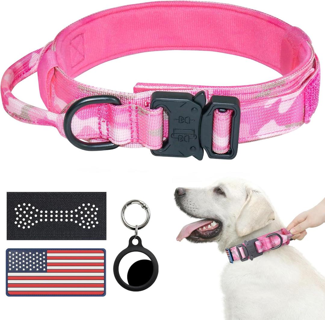 Hotsky Tactical Dog Collar, Adjustable Military Training Nylon Airtag Collar with Handle and Heavy Duty Metal Buckle for Dogs, with Airtag Holder and Two Patches Pink Camo,Large