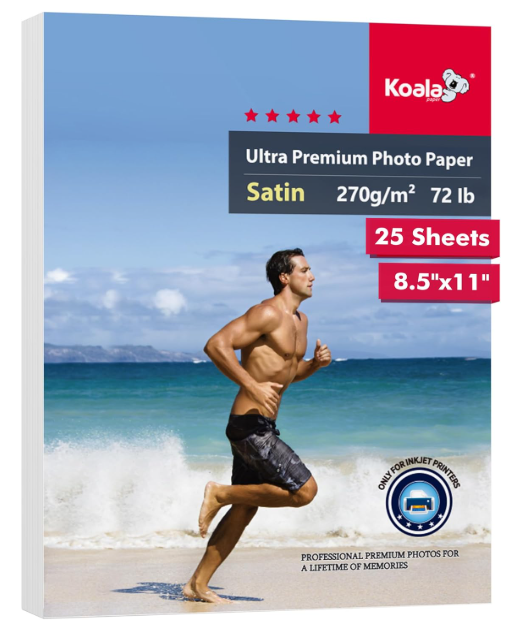 Koala Ultra Premium Photo Paper 8.5X11 In Satin Photo Printer Paper for Inkjet Printer Water-Resistant Semi Gloss 25 Sheets 72lb