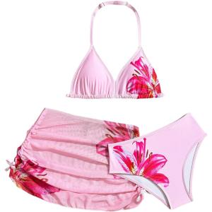 RoseSeek Girl's 3 Piece Cute Bowknot Bathing Suit Halter Triangle High Waisted Swimsuit with Beach Cover Up Skirt