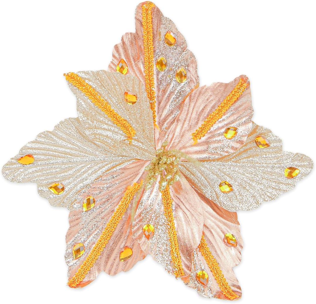 6 Pcs Elegant Champagne Christmas Flowers, 9" Large Christmas Tree Decorations Set with Long Stem Picks, Poinsettia Flowers Artificial for Tree Garland Wreath Swag Pot Vase, Xmas Floral Bouquet Decor