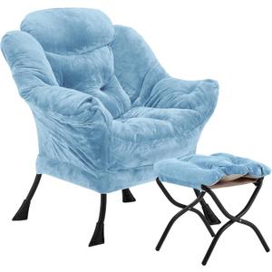 Youtanic Lazy Chair with Folding Ottoman, Accent Chair Plush Upholstered with Metal Structure and Non-Slip Pads, Sofa Armchair with Footrest and Side Storage Bag for Dorm, Room, Office, Blue