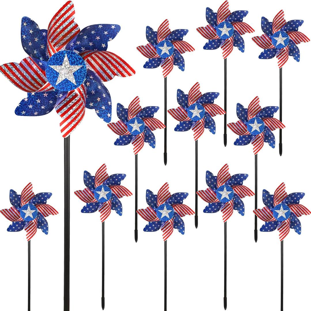 winemana 12 Pack 4th of July Patriotic Pinwheels for Yard & Garden  Reflective American Flag Wind Spinners, Outdoor Bird Deterrents Decorations for Independence Day & Memorial Day (Red White Blue)