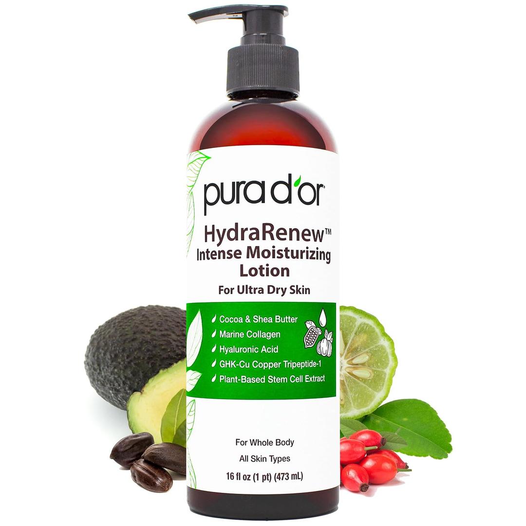 PURA D'OR HydraRenew Intense Moisturizing Lotion for Ultra Dry Skin Hand & Body Cream with Cocoa & Shea Butters, Hyaluronic Acid, GHK-Cu Copper Tripeptide-1, Marine Collagen, Plant Stem Cells, 16 oz