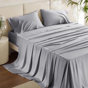 Bedsure King Size Sheet Set, Cooling Sheets King, Rayon Derived from Bamboo, Deep Pocket Up to 16", Breathable & Soft Bed Sheets, Hotel Luxury Silky Bedding Sheets & Pillowcases, Silver Grey