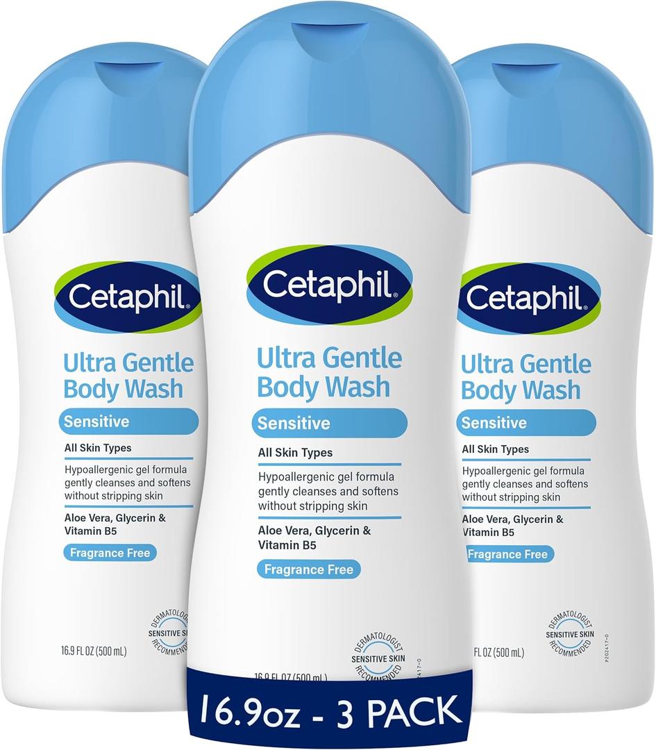 Cetaphil Ultra Gentle Body Wash, For Dry to Normal, Sensitive Skin, 16.9oz Pack of 3, Aloe Vera, Vitamin B5, Hypoallergenic, Paraben Free, Fragrance Free, Dermatologist Tested