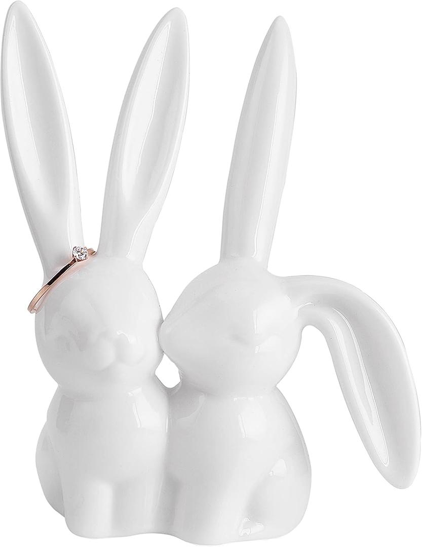 heart & home Ring Holder, Ceramic Bunny Ring Holder for Jewelry Wedding Engagement Ring Holder,White