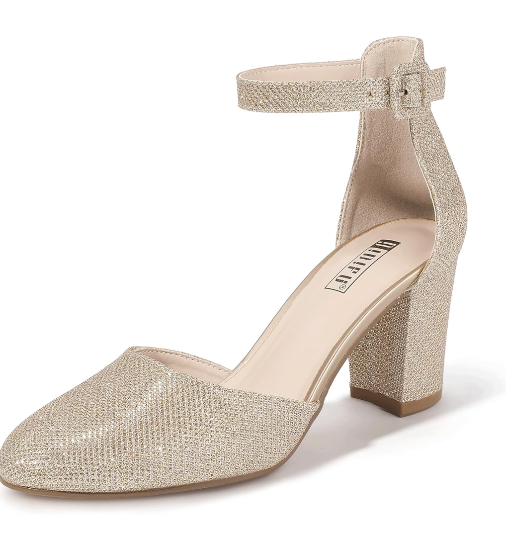 IDIFU IN3 Chunky Block Heels - Women's Pumps for Dress, Wedding, Bridal, Homecoming, Prom & Work - Comfortable Ankle Strap, Round Toe, Thick Heels, size us 9