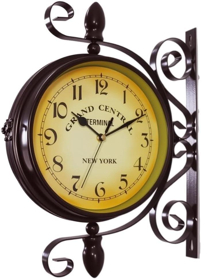 Wrought Iron Antique-Look Brown Round Wall Hanging Double Sided Two Faces Retro Station Clock Round Chandelier Clock with Scroll Wall Side Mount Home Dcor Wall Clock 8-inch