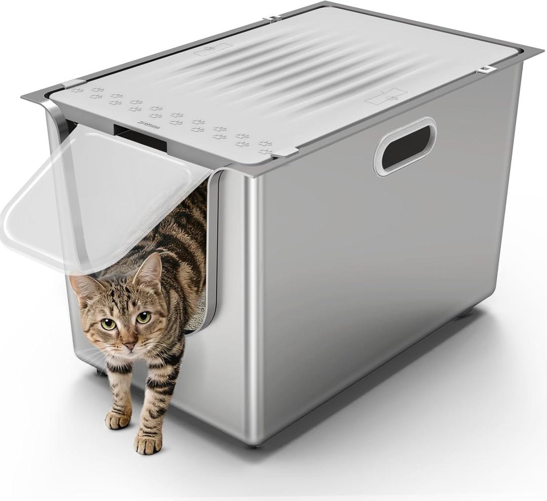 Stainless Steel Litter Box with Lid, Cat Litter Box with Door 14.5'' High Sides, XL Metal Kitty Litter Pan, Pet Toilet with Wheels for Easy Mobility, Anti-Leakage, Non-Sticky, Easy Clean