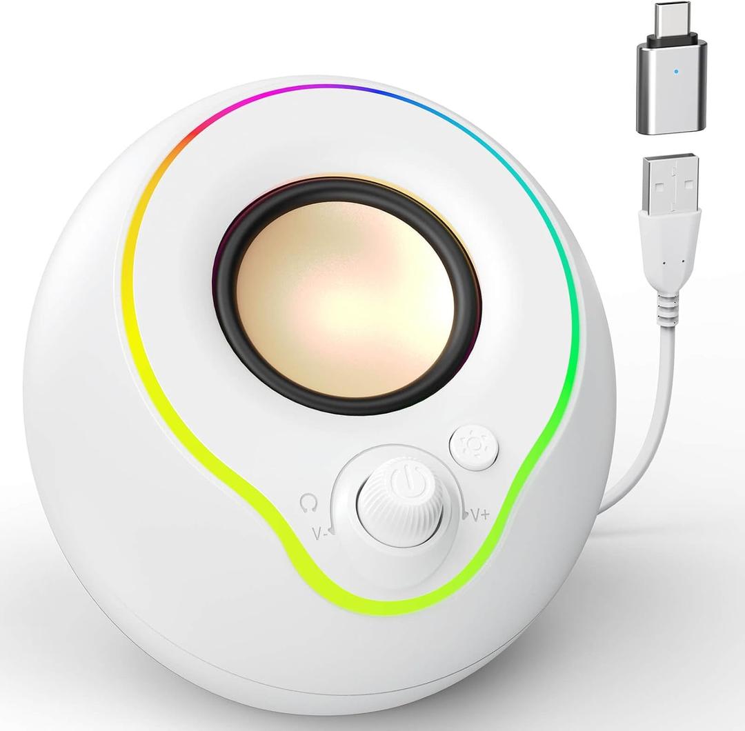 LENRUE USB Computer Speakers, Laptop Speakers, Plug Play, Loud and Clear Sound, Easy Access Volume Konb, with Type C Adapter, Colorful Lights, for Desktop, PC, Laptop, Phone (USBWhite)