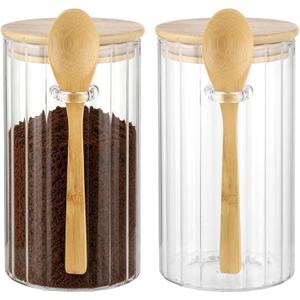 2 Pcs Glass Storage Jars, Airtight Food Canister Set with Wooden Lid, Spoons, and Striped Design, Stackable Coffee Sugar Containers for Tea, Beans, Dry Goods, 3.35 x 3.35 x 5.91 in, Medium