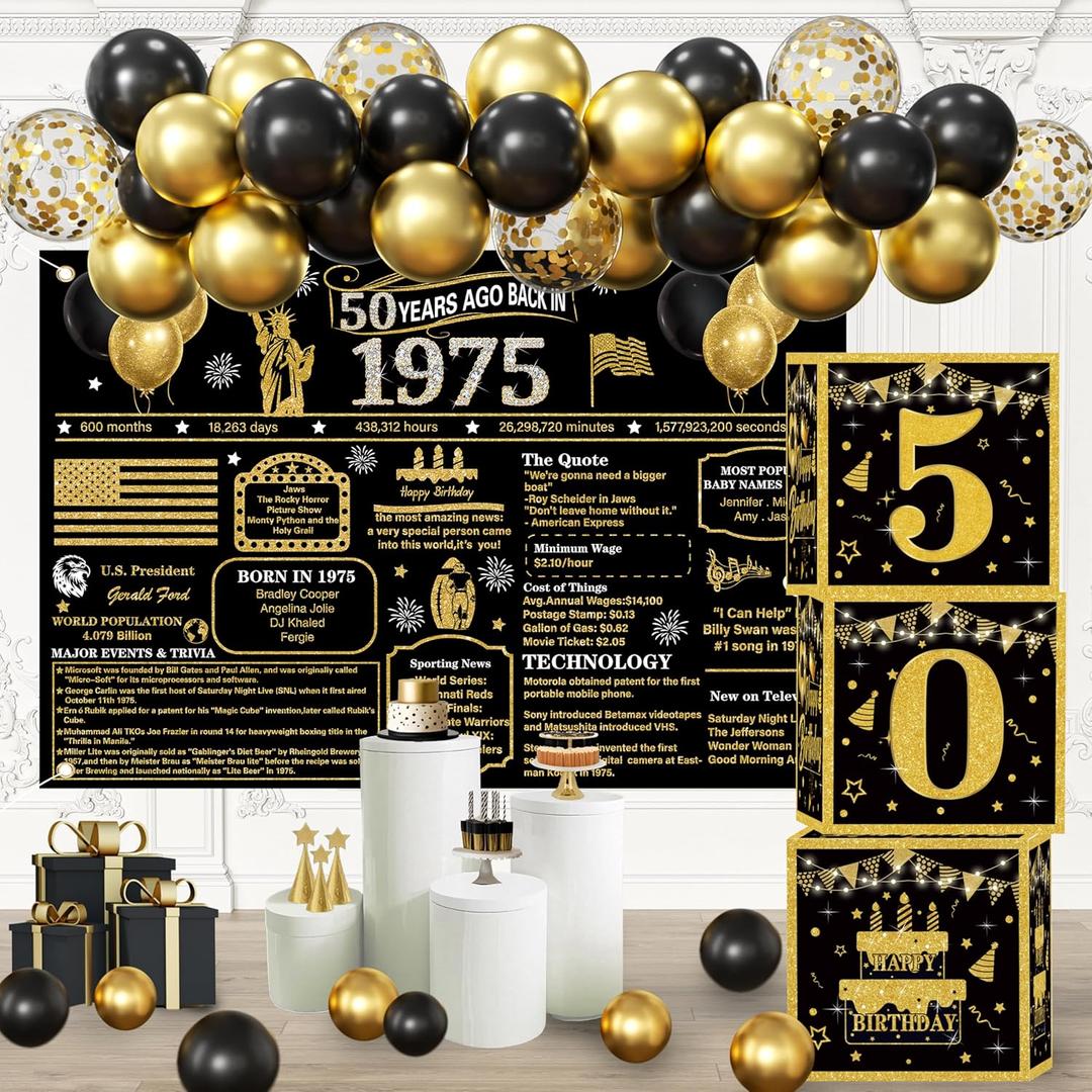 50th Birthday Decorations for Men - Back in 1975 Theme Party Backdrop, Black Gold Balloon Arch Kit, 50 Number Boxes Decor Set for boys Party Supplies