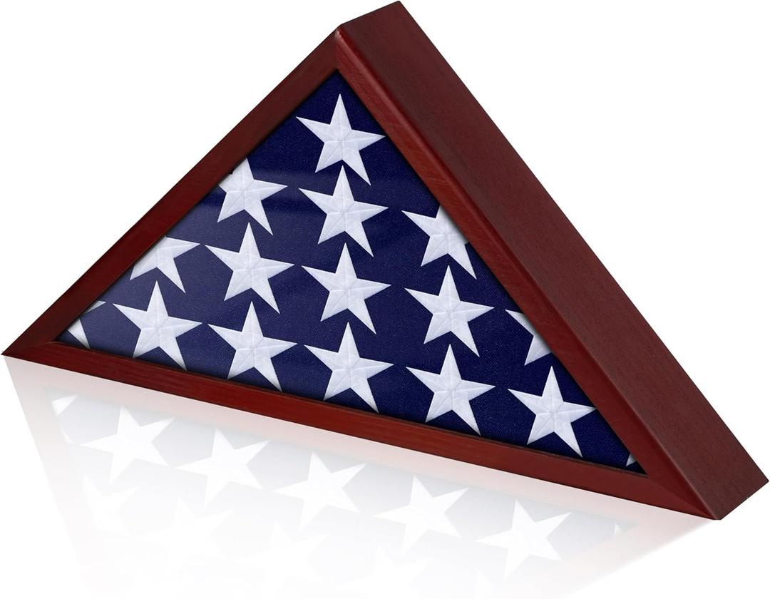 Flag Display Case for Burial Flag Real Glass Front, Solid Wood Flag Holder for 5'x9.5' Flag with Wall Mount, Mahogany Military Shadow Box Frame for Veterans