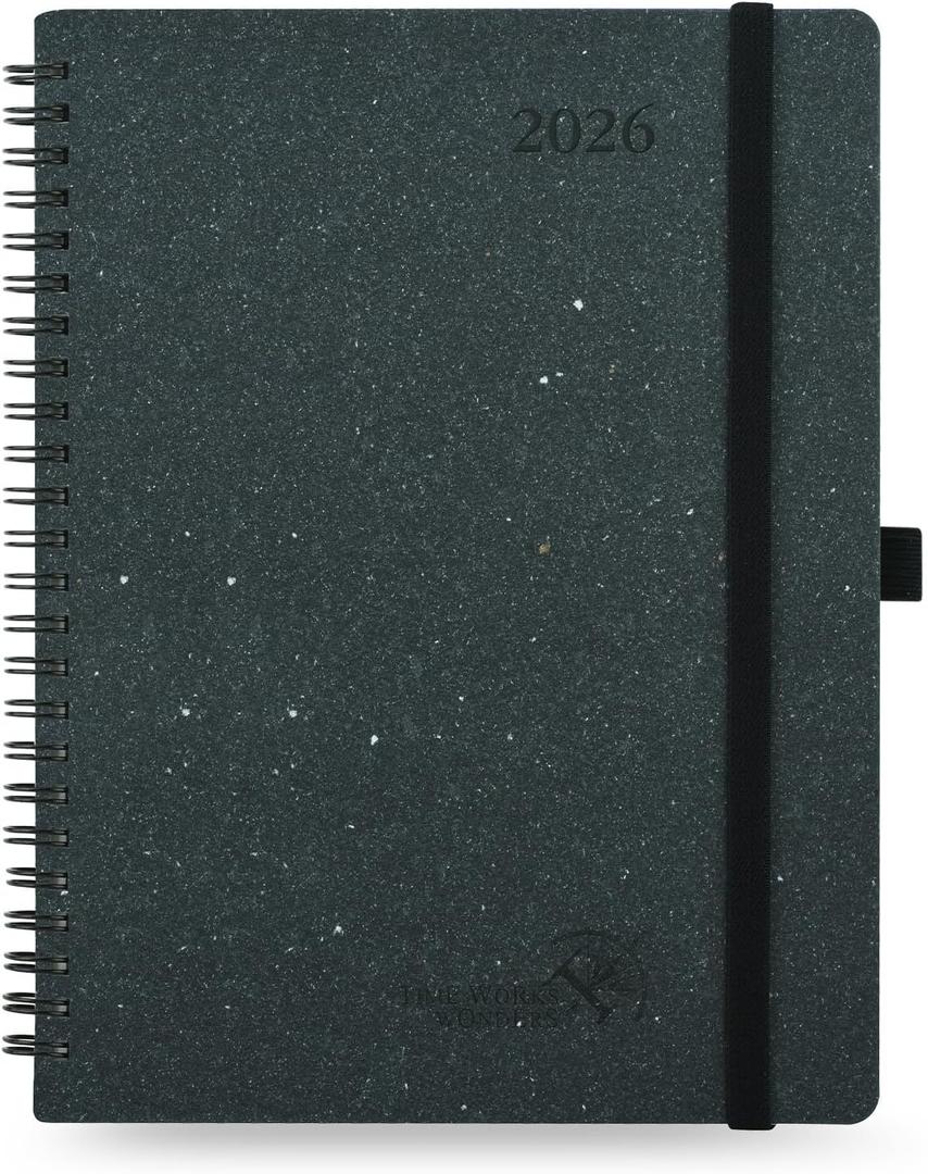 POPRUN 2026 Planner - 2026 Recycled Weekly Planner [Italian Regenerated Leather - Medium Size 6.5'' x 8.5''] - 2026 Weekly Planner with Hourly Schedule, Monthly Tabs-26-WERO7-BGY - Black Grey